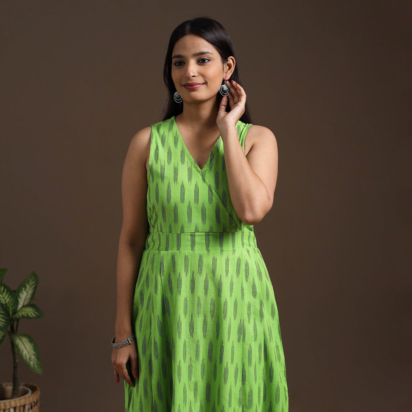 Green Pochampally Ikat Cotton Flared Dress for Women