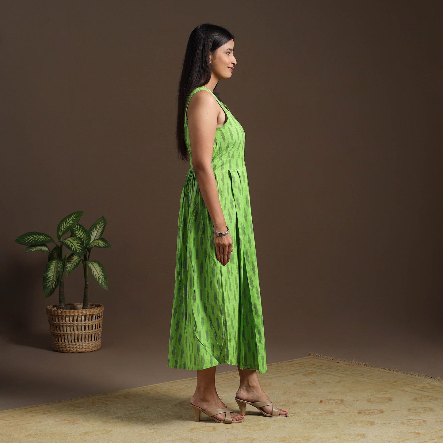 Green Pochampally Ikat Cotton Flared Dress for Women