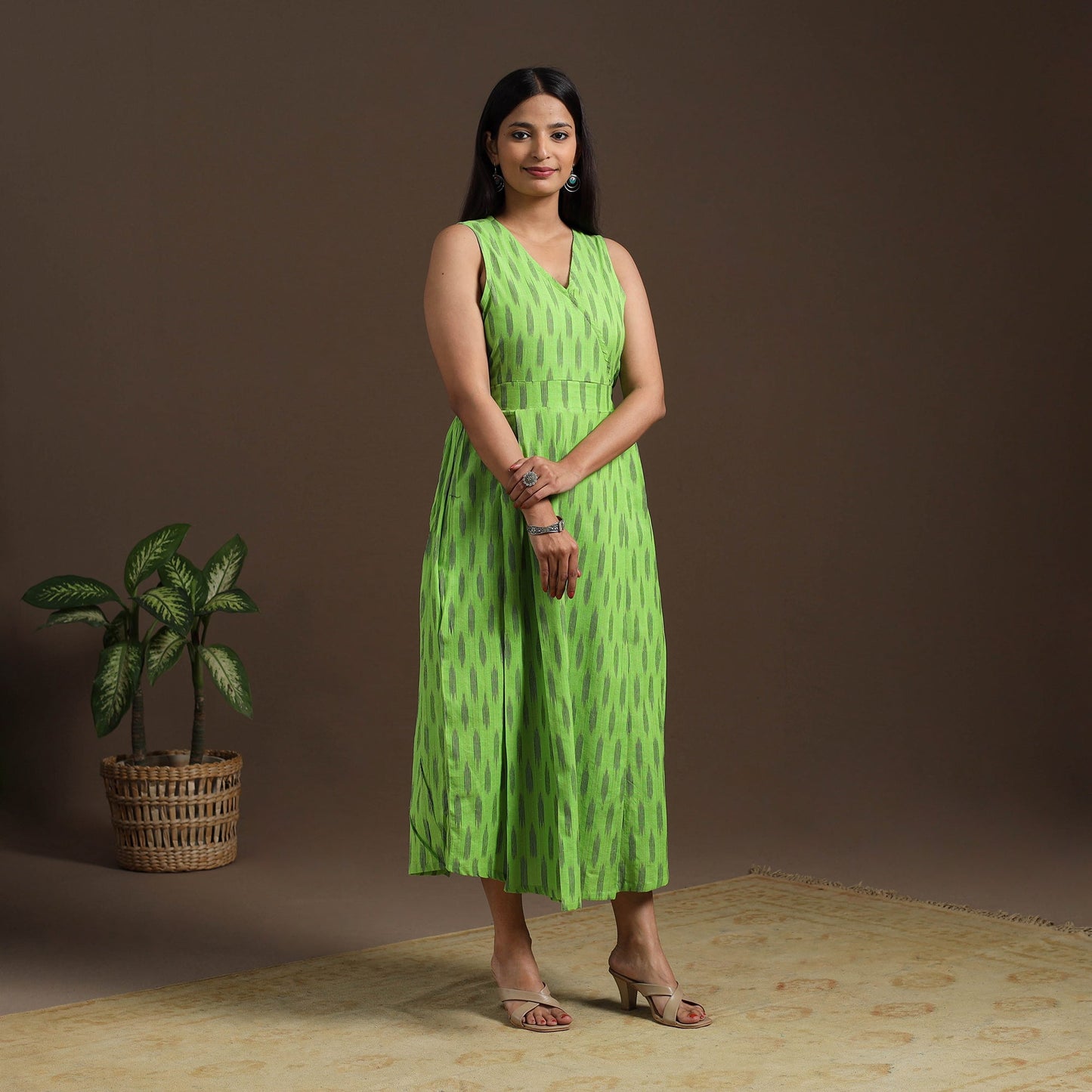 Green Pochampally Ikat Cotton Flared Dress for Women