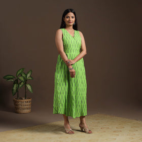 Green Pochampally Ikat Cotton Flared Dress for Women