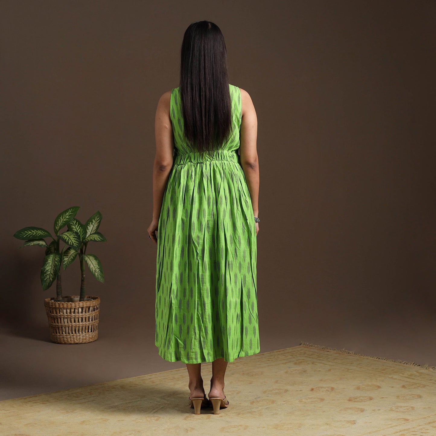 Green Pochampally Ikat Cotton Flared Dress for Women