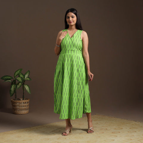 Green Pochampally Ikat Cotton Flared Dress for Women