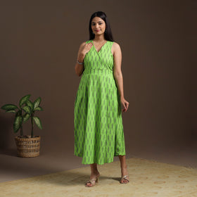 Green Pochampally Ikat Cotton Flared Dress for Women