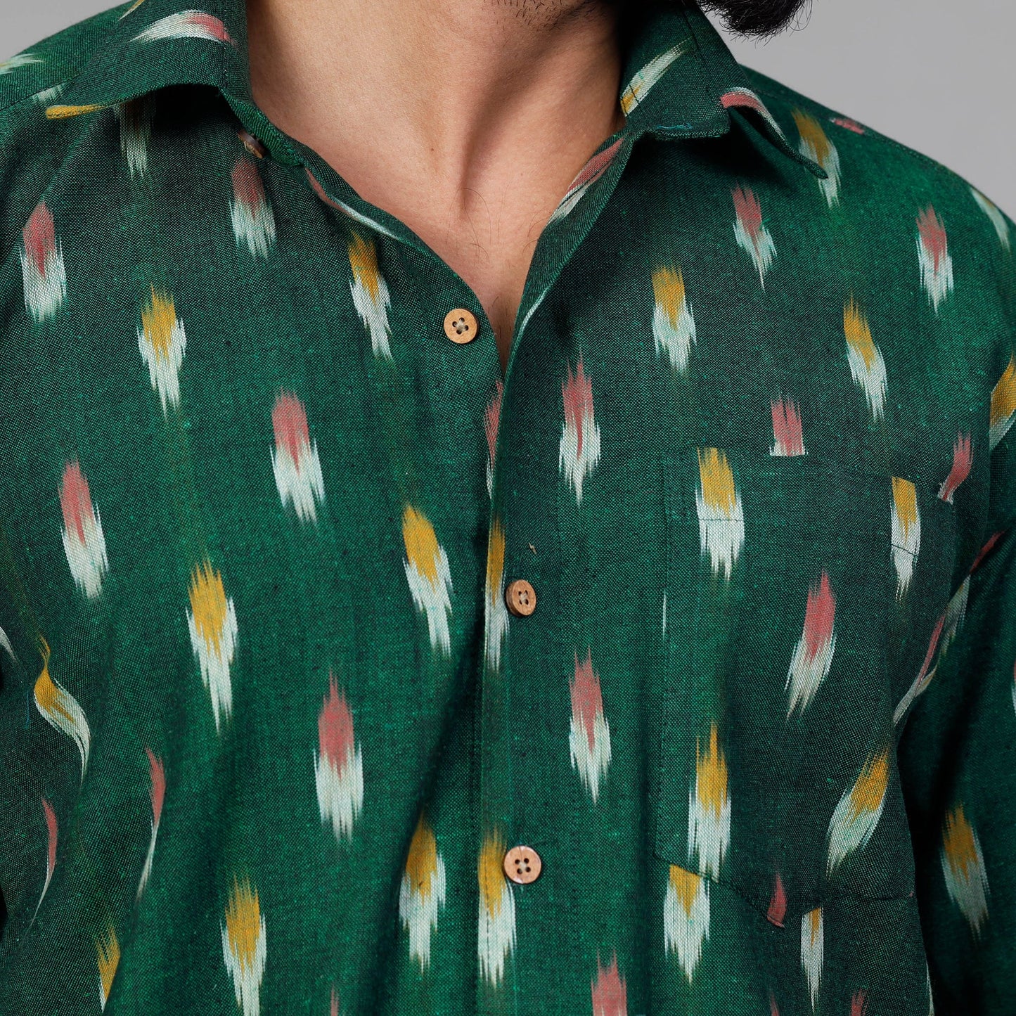 Green - Pochampally Ikat Cotton Men Full Sleeve Shirt