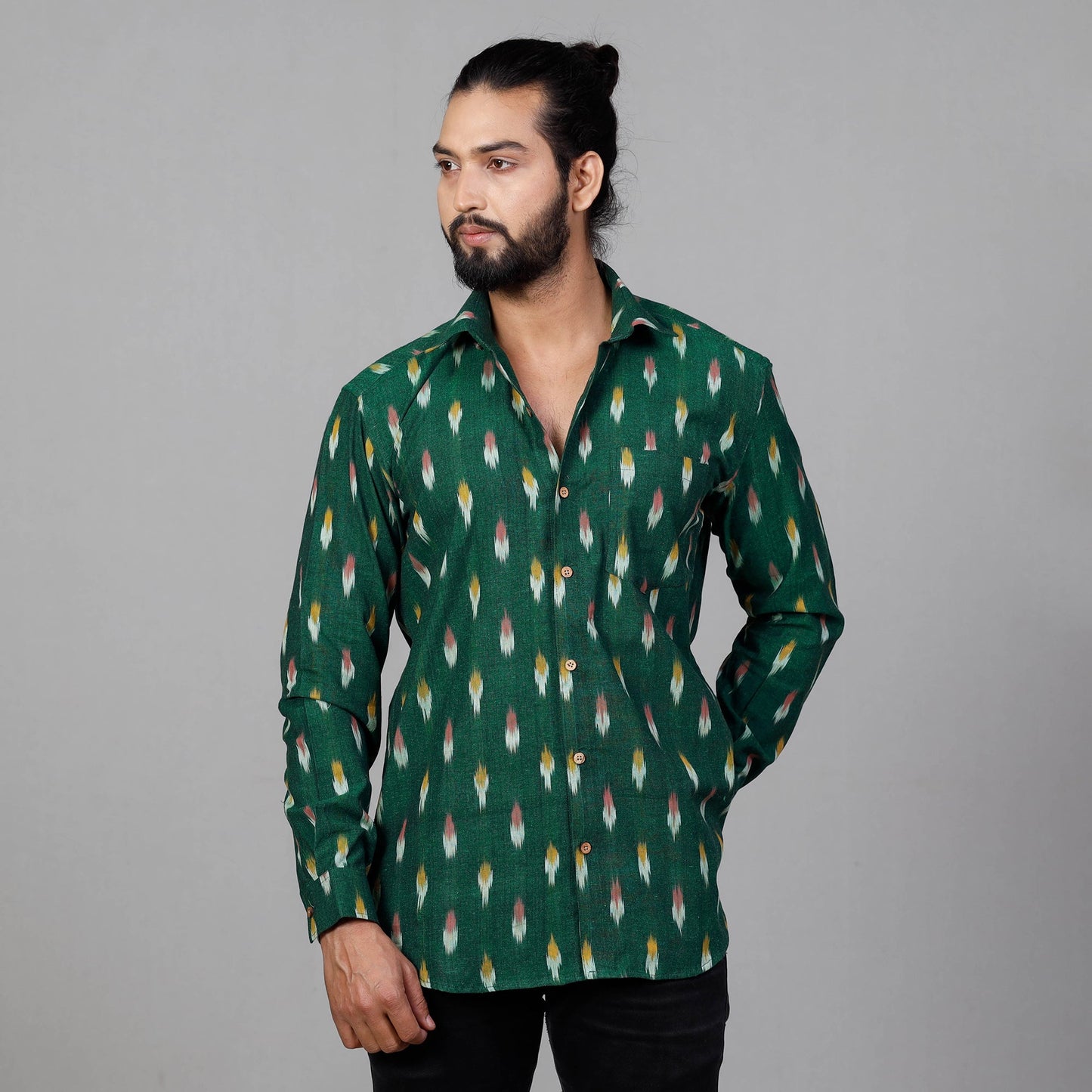 Green - Pochampally Ikat Cotton Men Full Sleeve Shirt