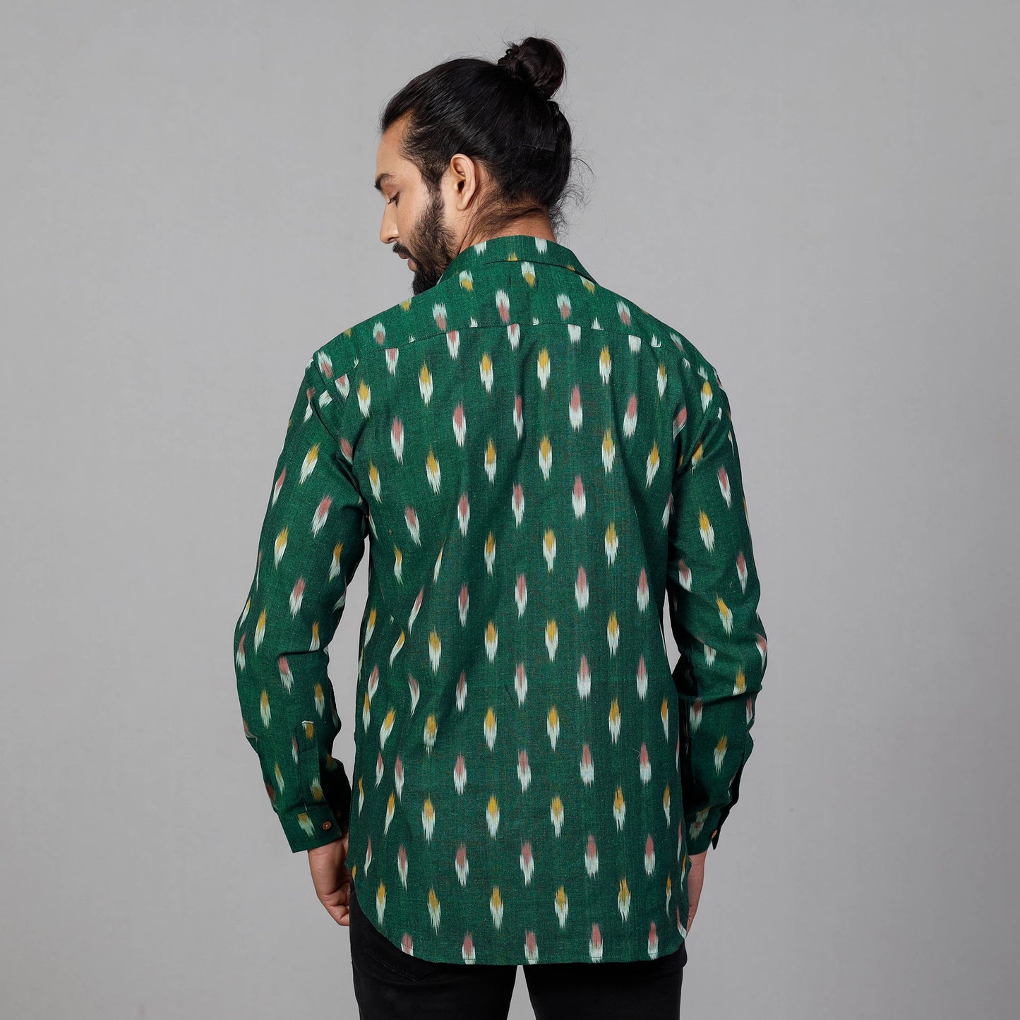 Green - Pochampally Ikat Cotton Men Full Sleeve Shirt
