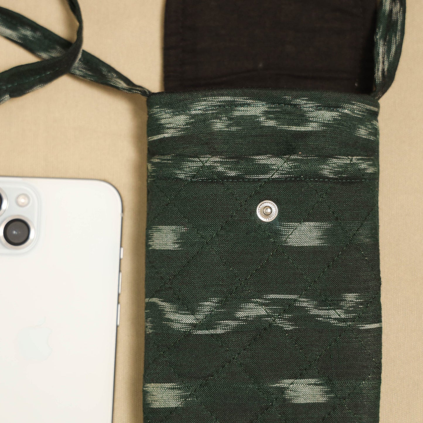 Green Pochampally Ikat Cotton Sling Mobile Pouch