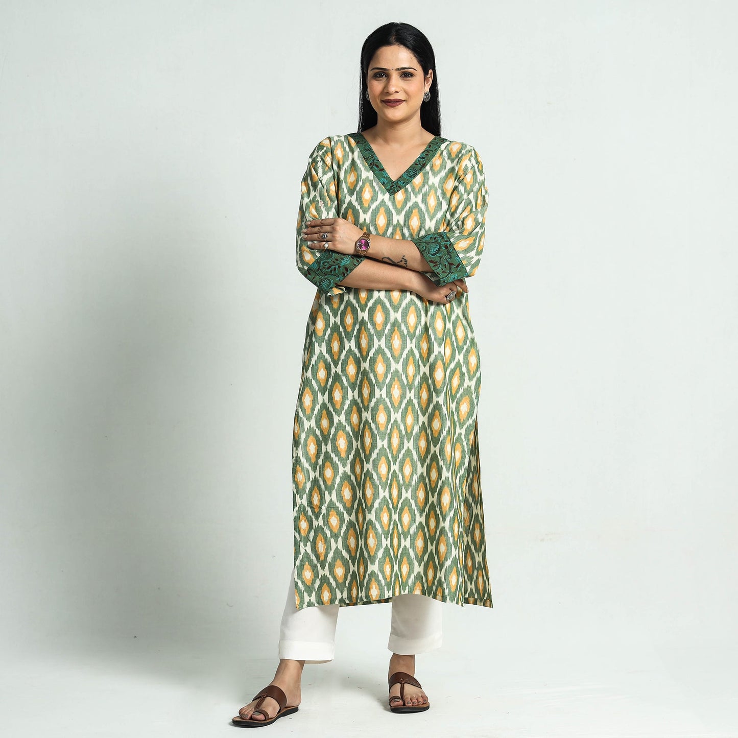 Green Pochampally Ikat Cotton Straight Kurta