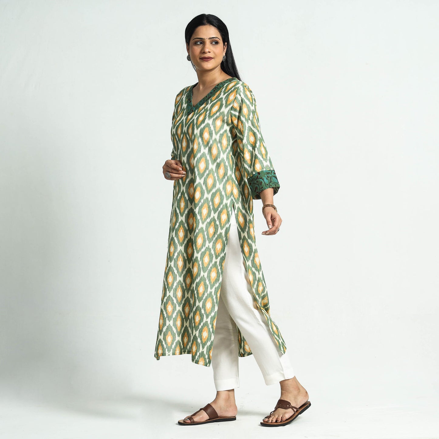 Green Pochampally Ikat Cotton Straight Kurta