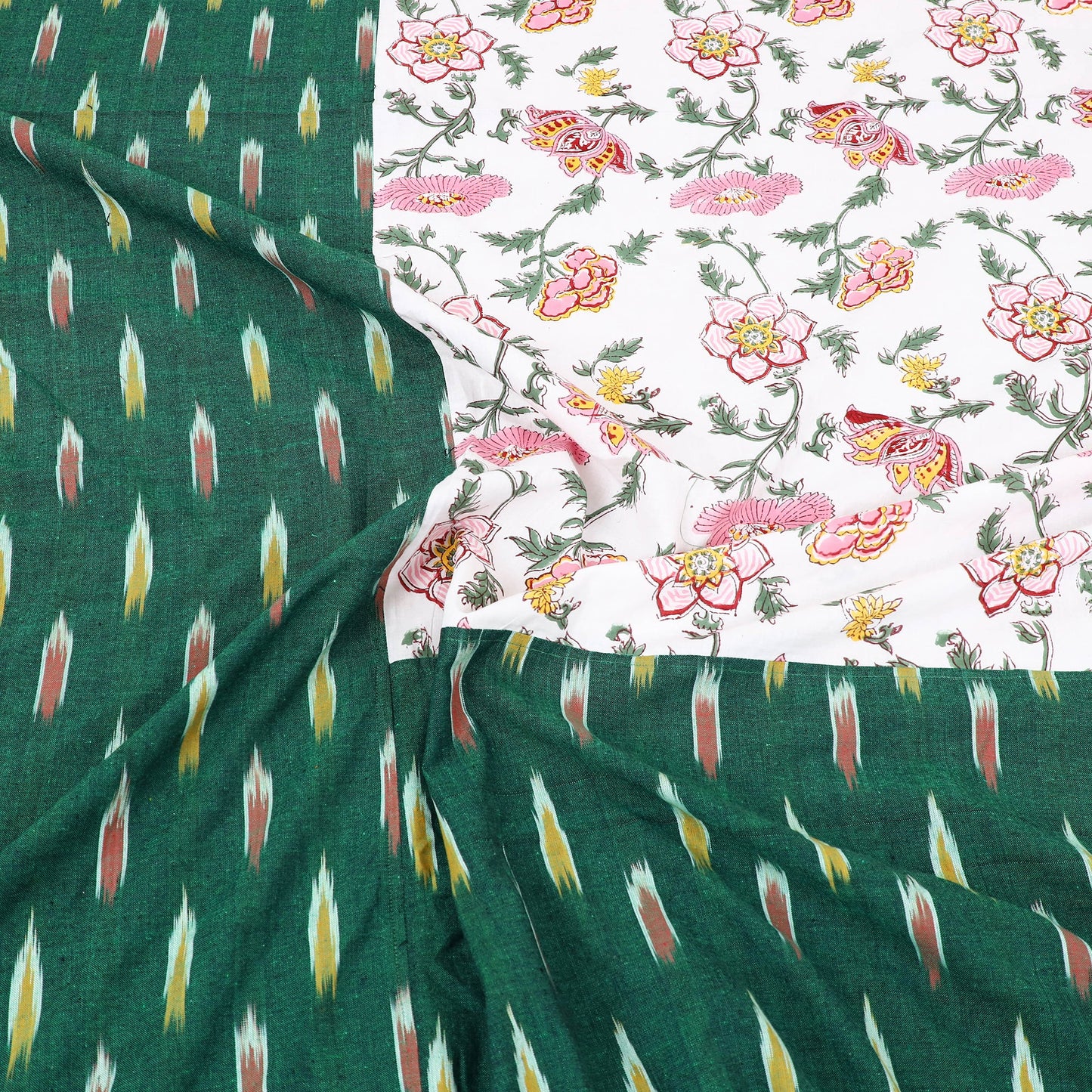 Green Pochampally Ikat with Sanganeri Patch Cotton Bedsheet Set