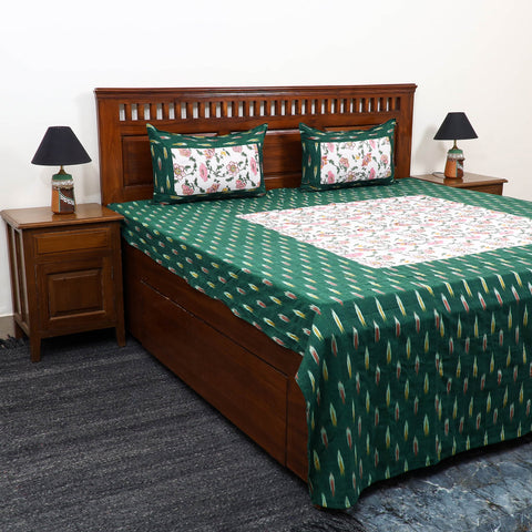 Green Pochampally Ikat with Sanganeri Patch Cotton Bedsheet Set