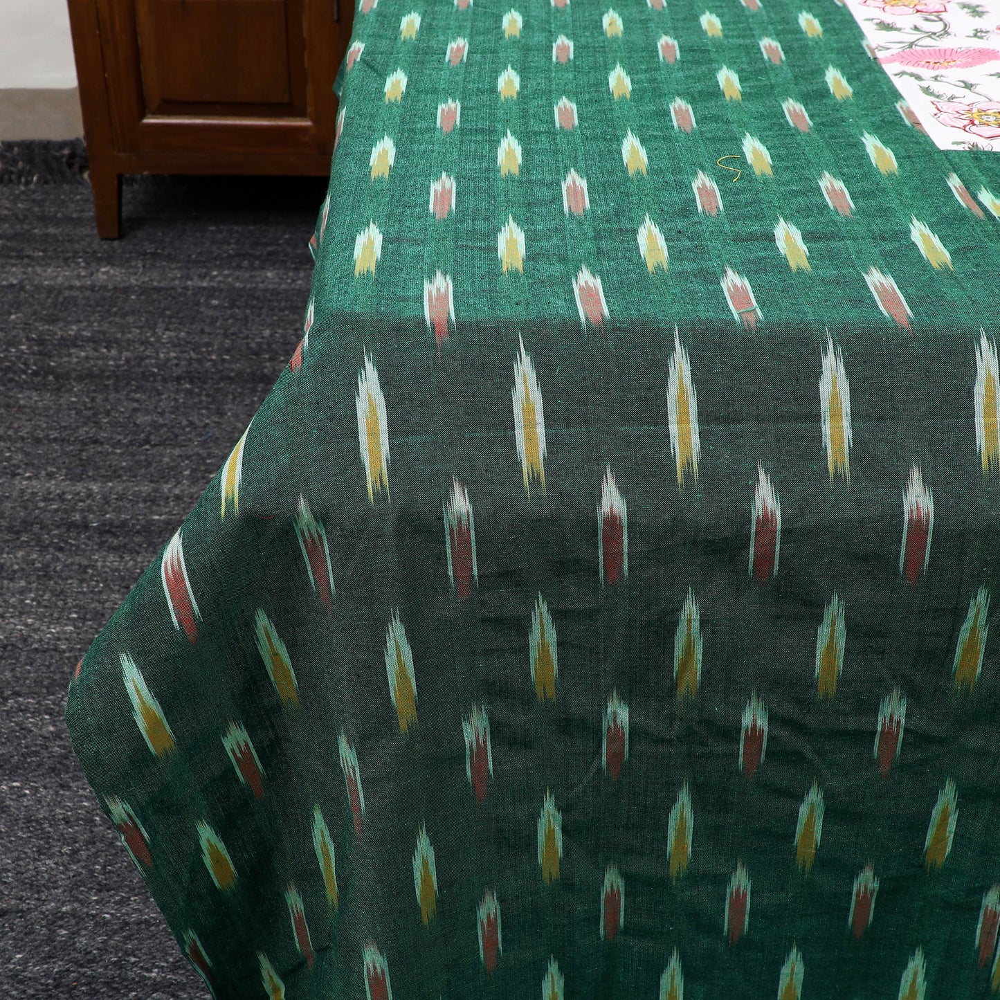 Green Pochampally Ikat with Sanganeri Patch Cotton Bedsheet Set