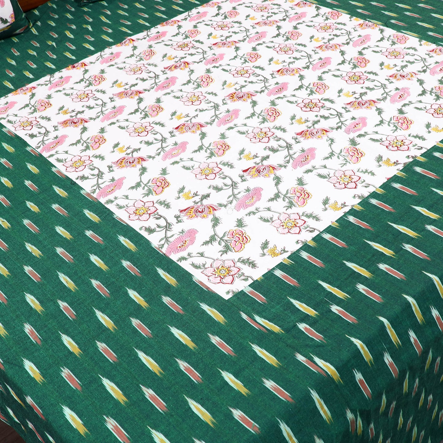 Green Pochampally Ikat with Sanganeri Patch Cotton Bedsheet Set