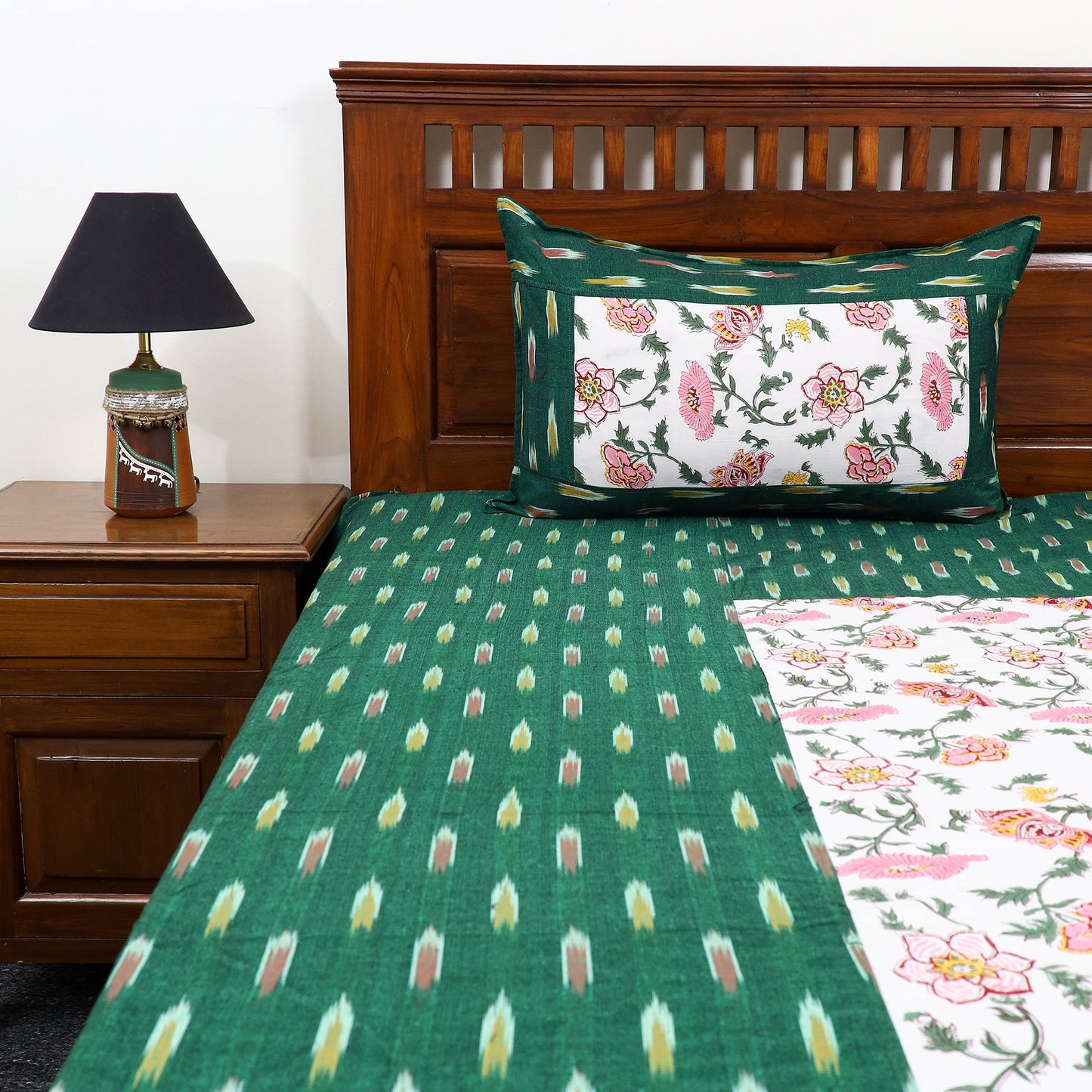 Green Pochampally Ikat with Sanganeri Patch Cotton Bedsheet Set