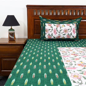 Green Pochampally Ikat with Sanganeri Patch Cotton Bedsheet Set