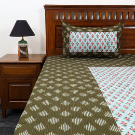 Green Pochampally Ikat with Sanganeri Patch Cotton Bedsheet Set
