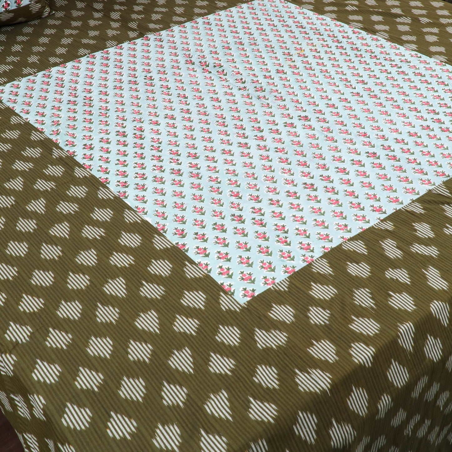 Green Pochampally Ikat with Sanganeri Patch Cotton Bedsheet Set