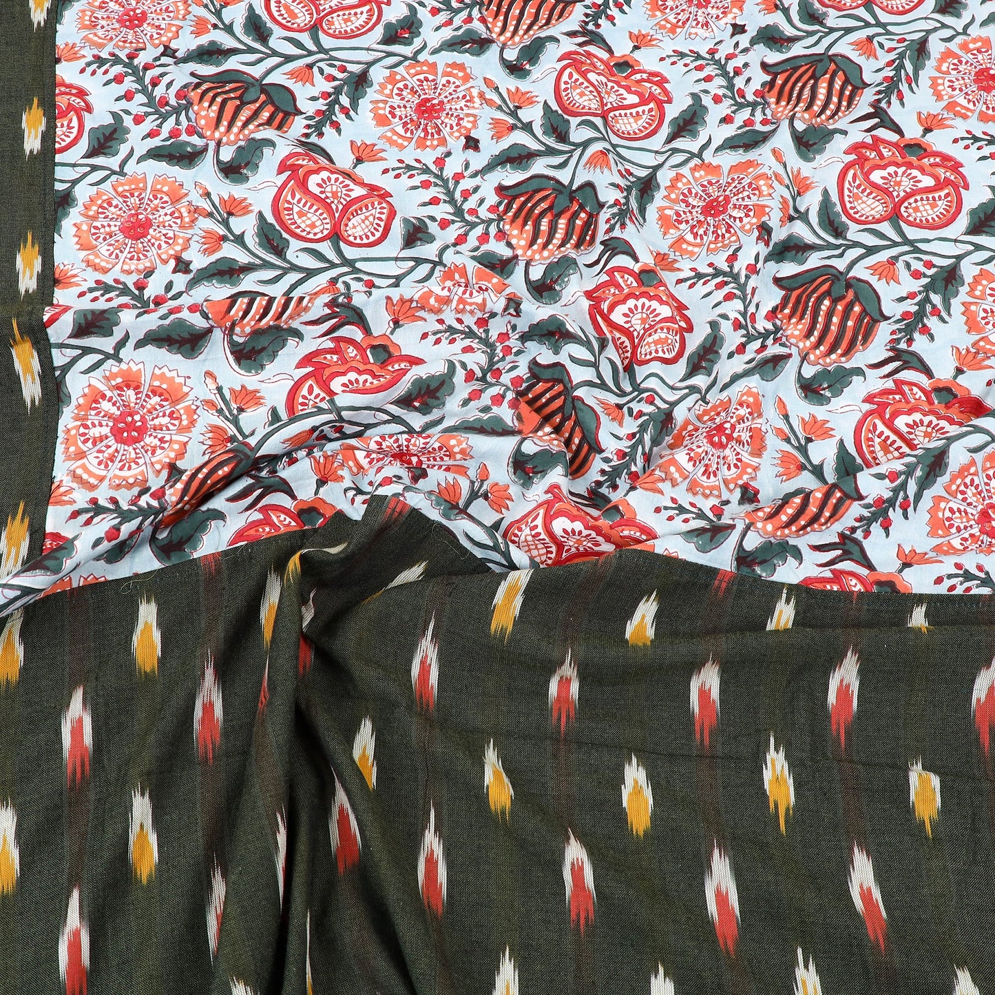 Black Pochampally Ikat with Sanganeri Patch Cotton Bedsheet Set