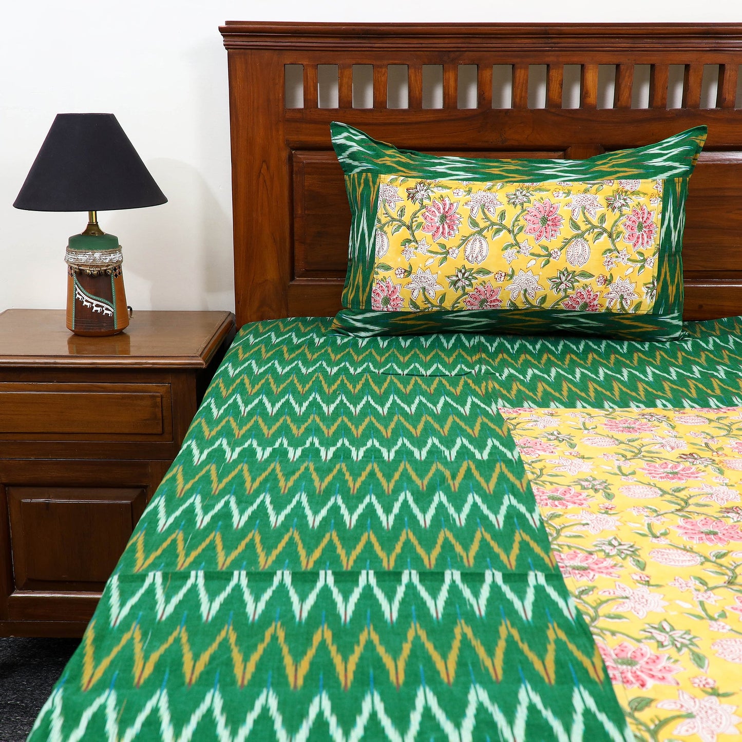 Pochampally Ikat with Sanganeri Patch Cotton Bedsheet Set
