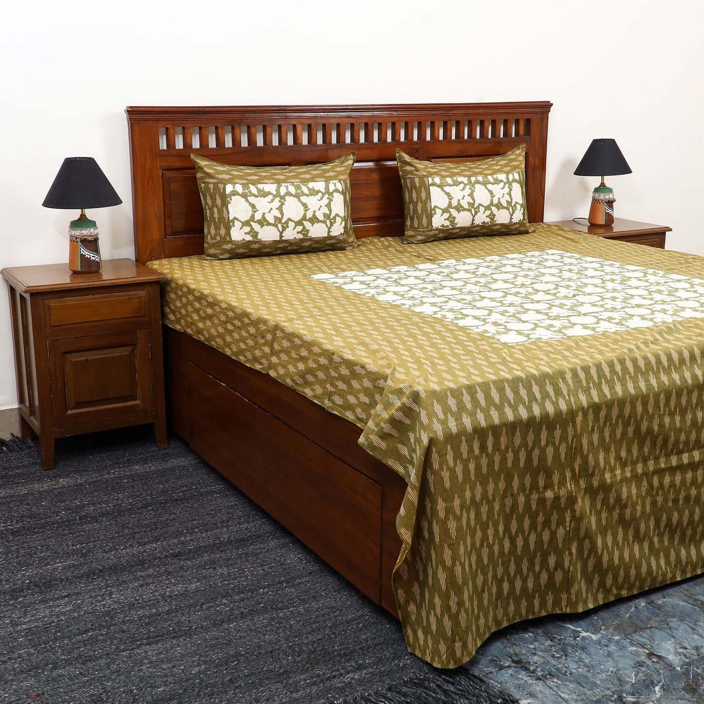 Pochampally Ikat with Sanganeri Patch Cotton Bedsheet Set