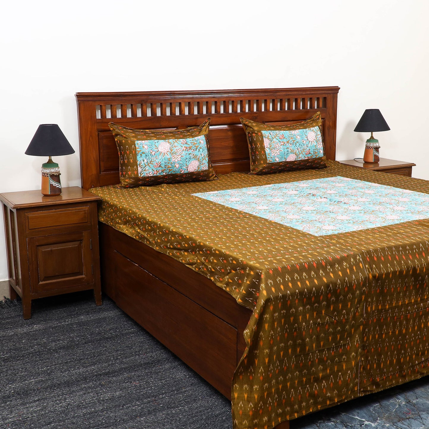 Buy Pochampally Ikat with Sanganeri Patch Cotton Bedsheet Set