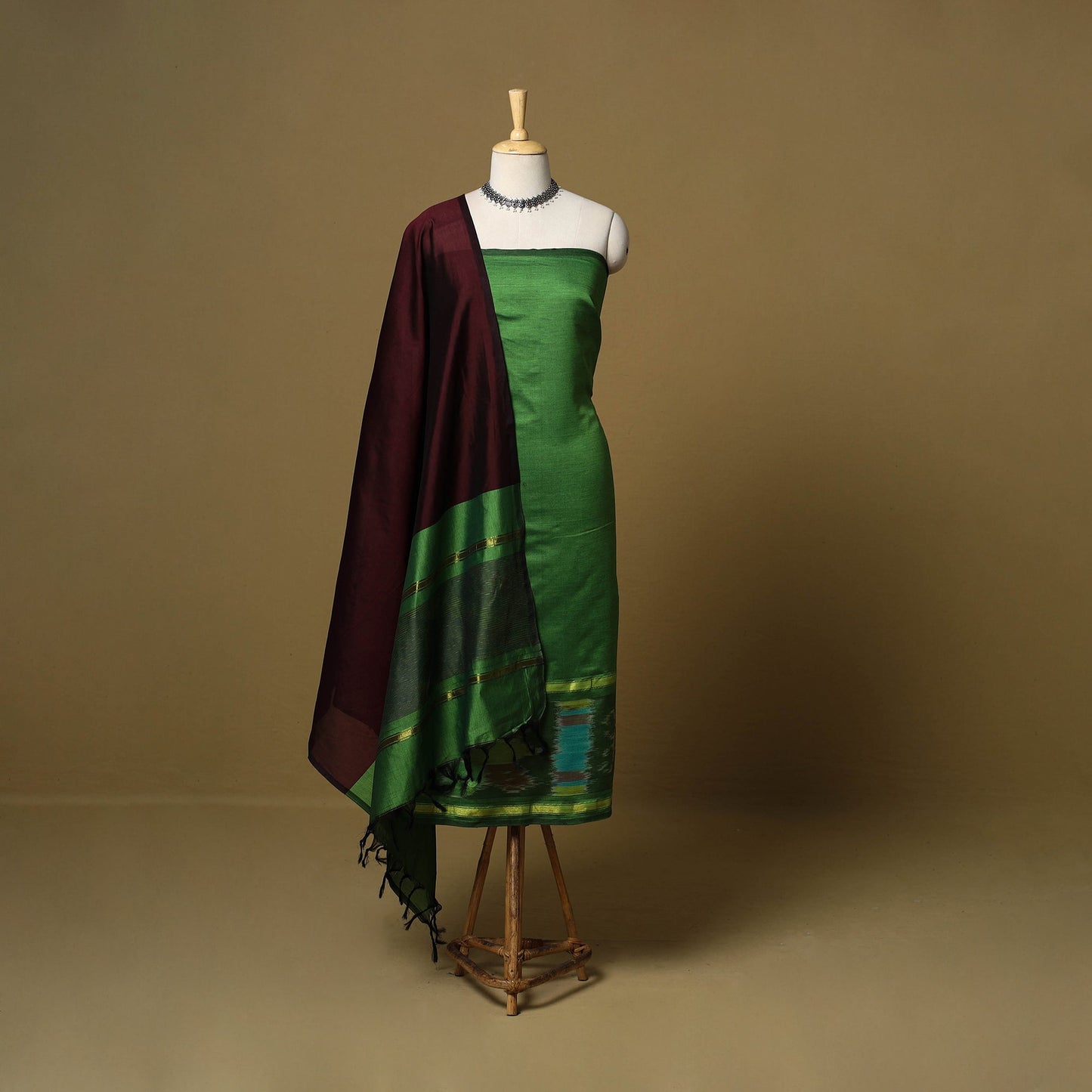 Green - pochampally ikat silk cotton 3pc unstitched dress