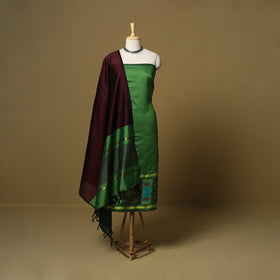 Green - pochampally ikat silk cotton 3pc unstitched dress