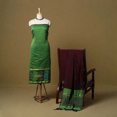 Green - pochampally ikat silk cotton 3pc unstitched dress