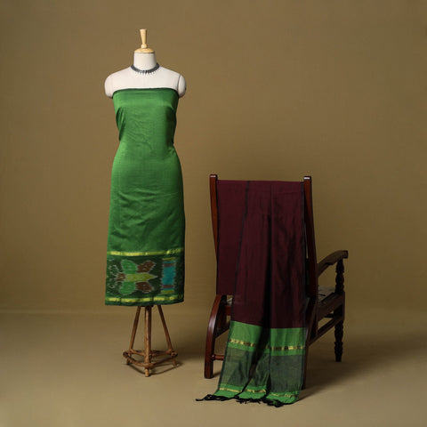 Green - pochampally ikat silk cotton 3pc unstitched dress