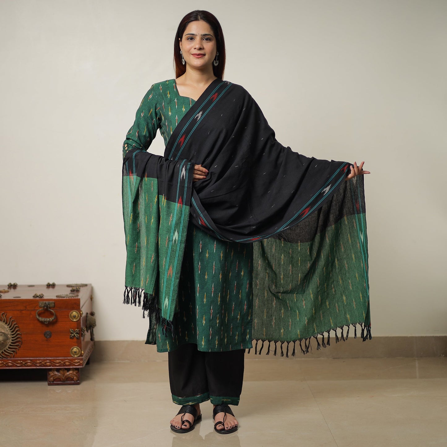  Pochampally Ikat Weave Cotton Kurta with Palazzo & Dupatta Set 01 