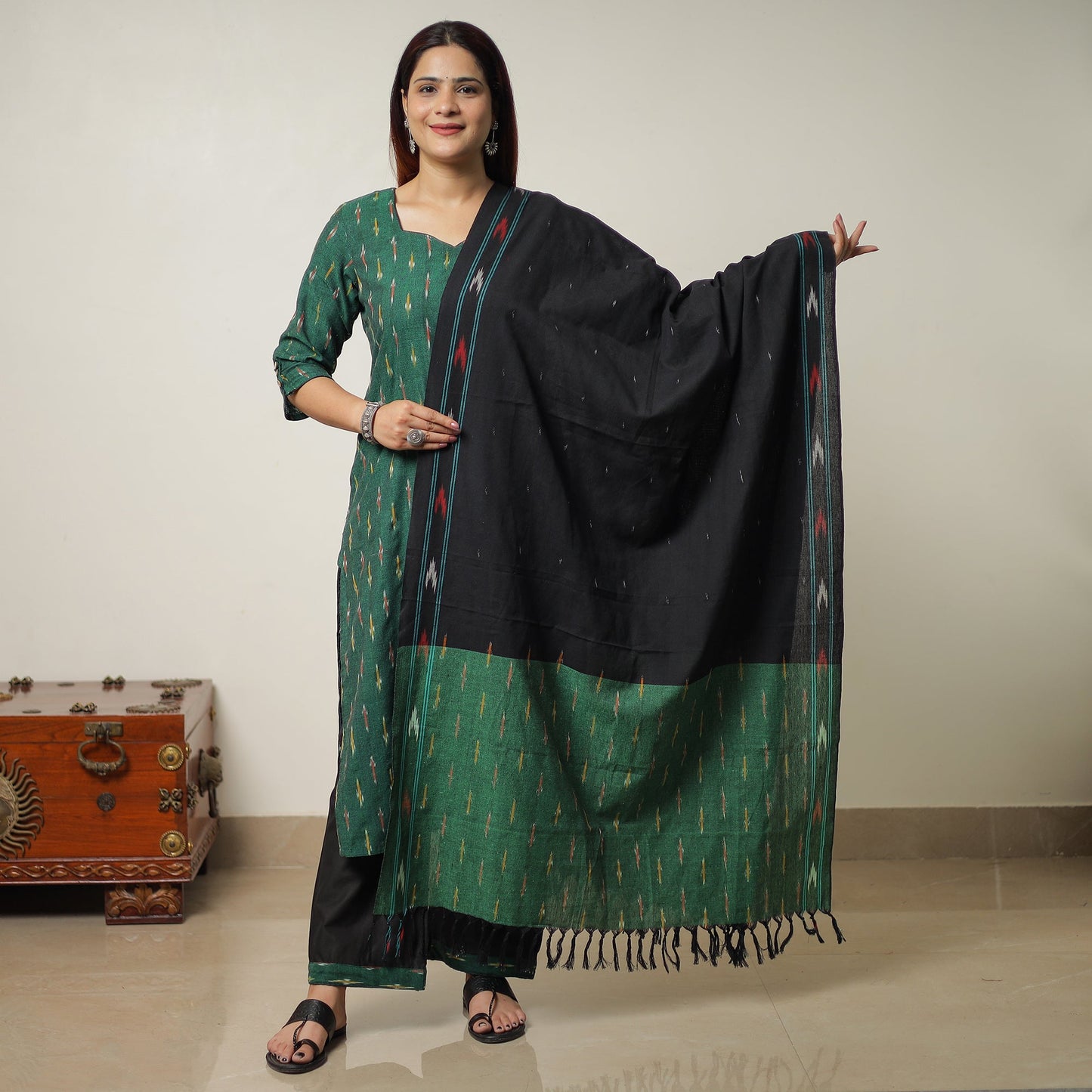  Pochampally Ikat Weave Cotton Kurta with Palazzo & Dupatta Set 01 