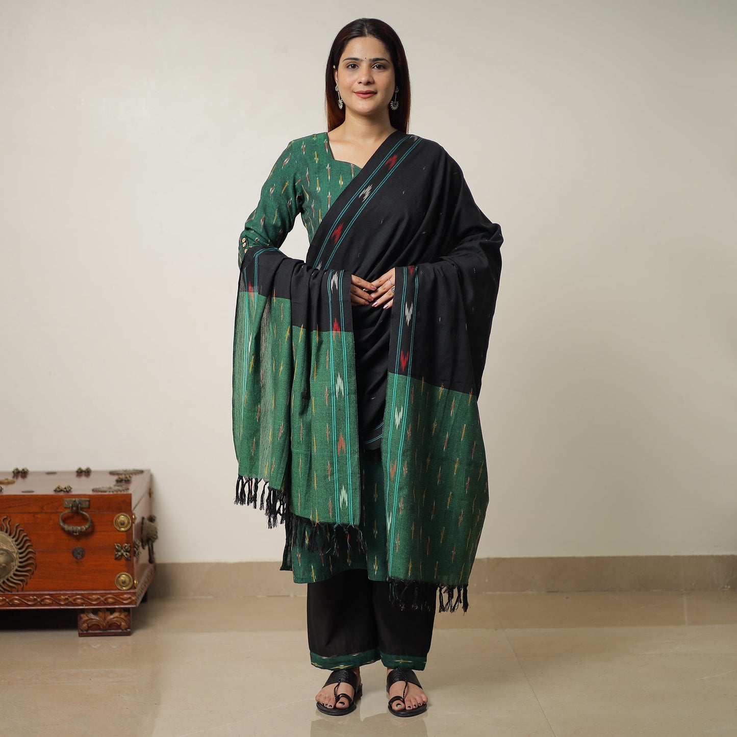  Pochampally Ikat Weave Cotton Kurta with Palazzo & Dupatta Set 01 