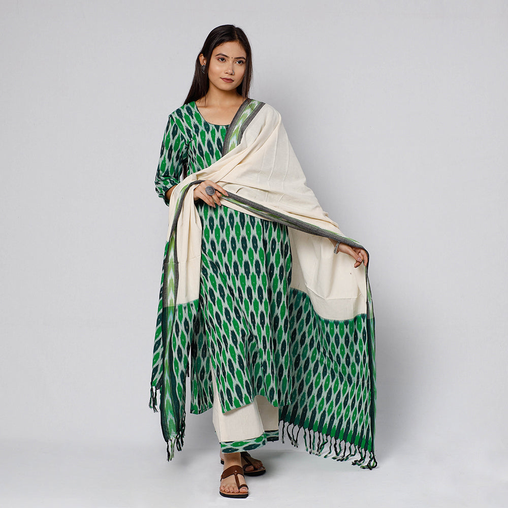 Buy Pochampally Ikat Weave Cotton Kurta with Palazzo & Dupatta Set Online l iTokri.com