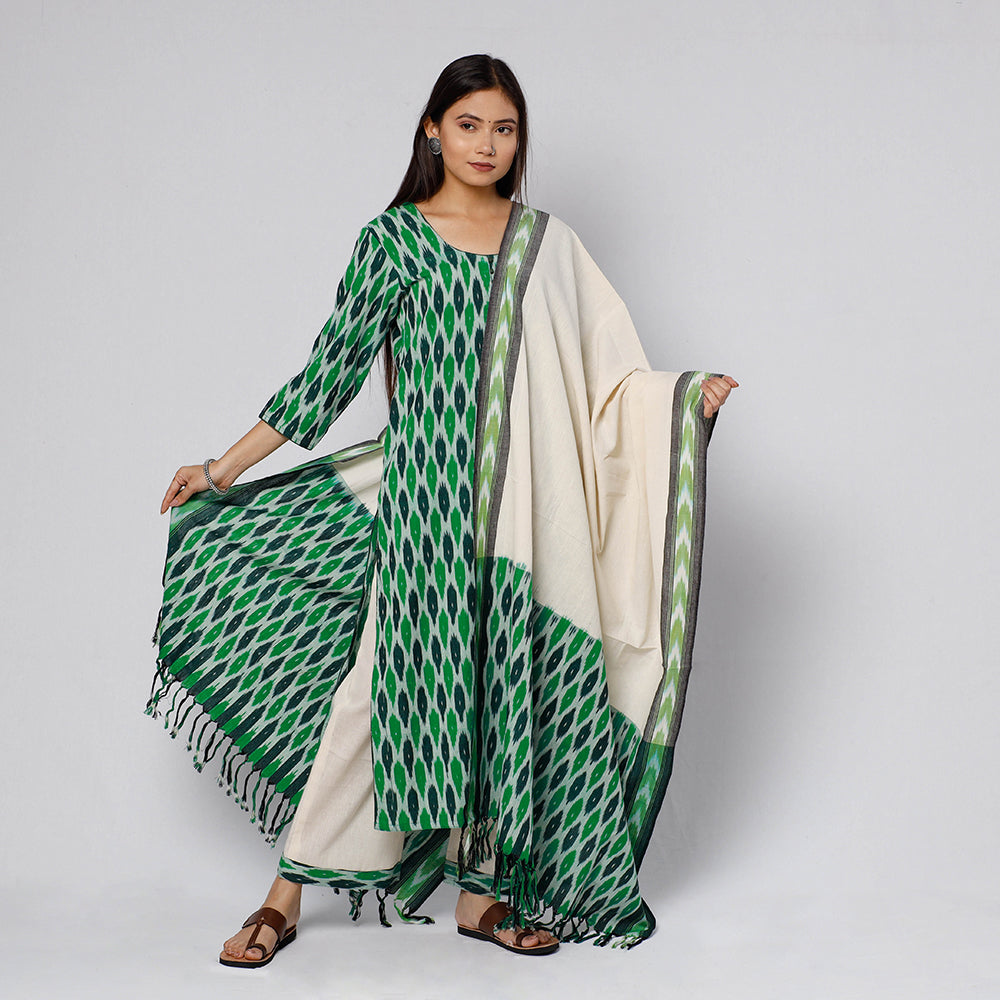 Buy Pochampally Ikat Weave Cotton Kurta with Palazzo & Dupatta Set Online l iTokri.com