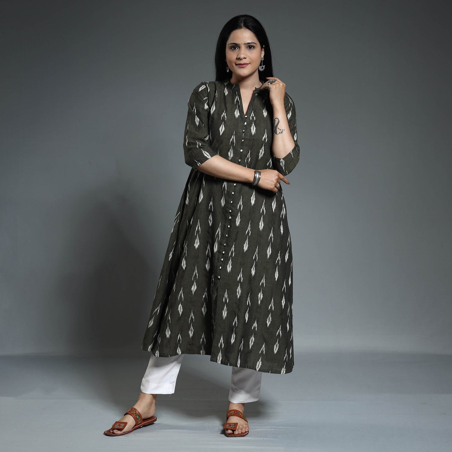  Pochampally Ikat Weave Cotton Long Kurta for Women