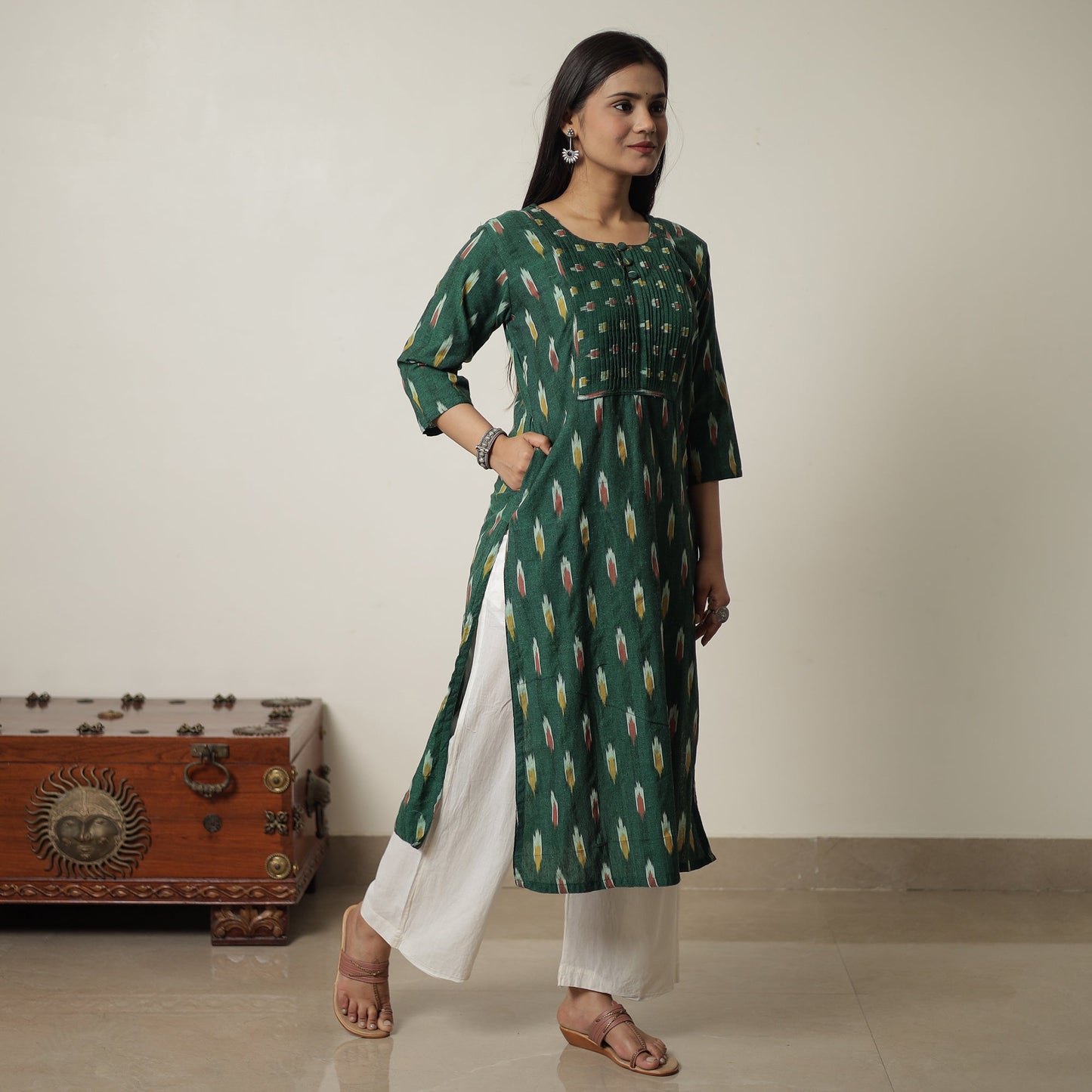  Pochampally Ikat Weave Cotton Long Straight Kurta 06 