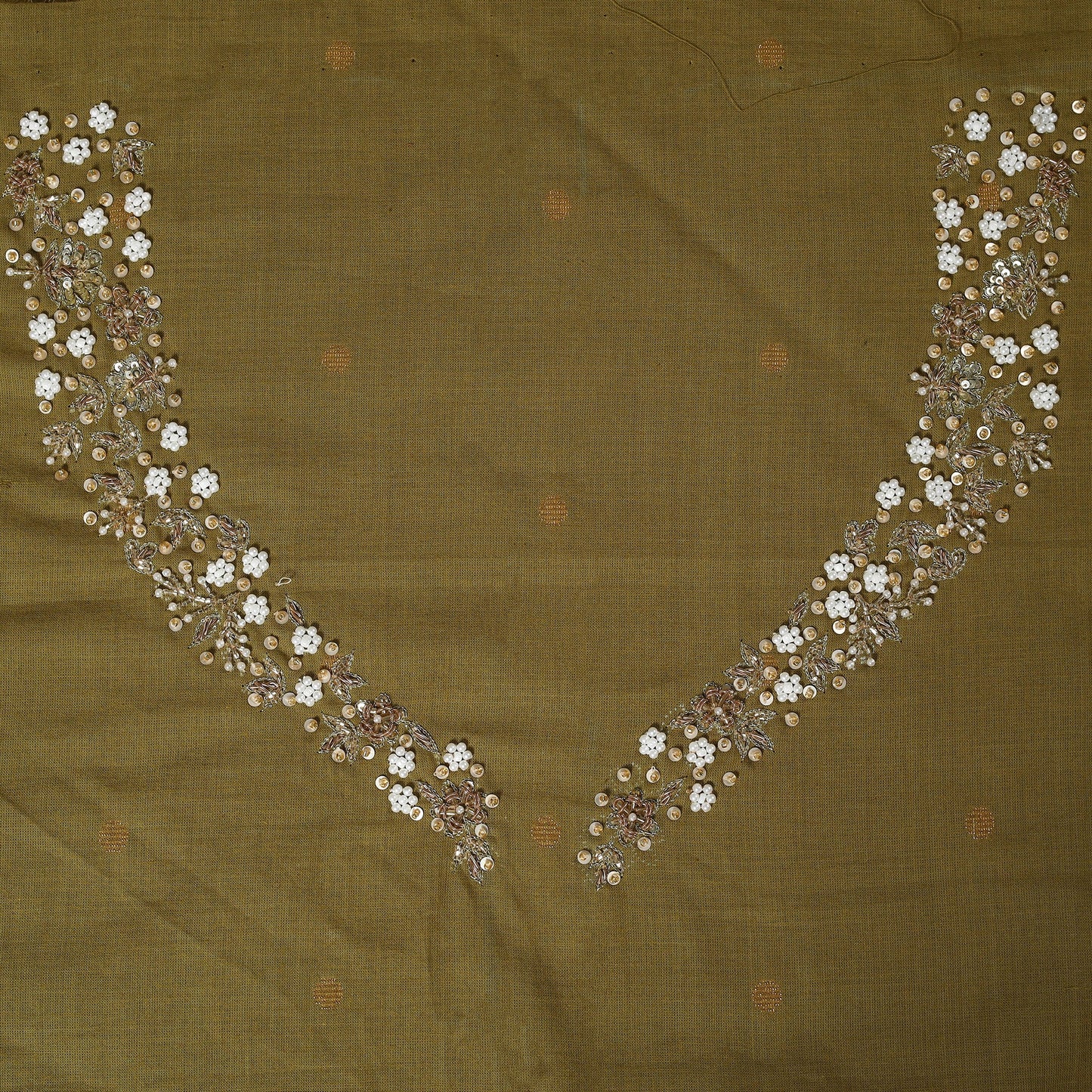 Green Polka Dot Hand Embroidery Cotton Blouse Piece