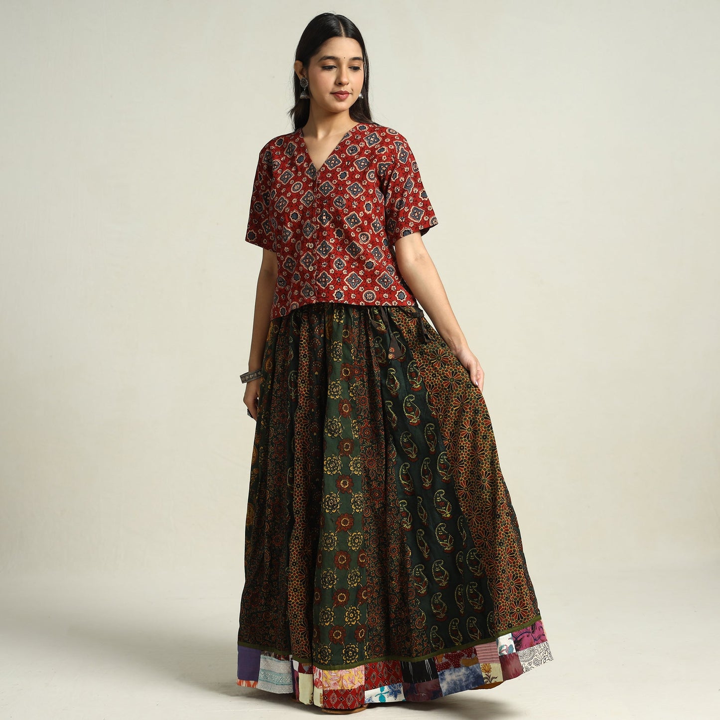 Buy Ajrakh Block Printed 24 Kali Patchwork Cotton Long Skirt 09 Online at iTokri.com