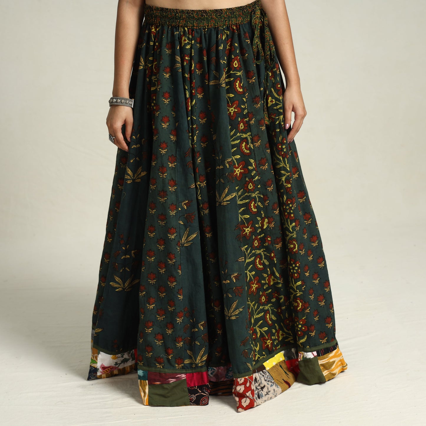 Green - printed 24 kali patchwork cotton long skirt 38