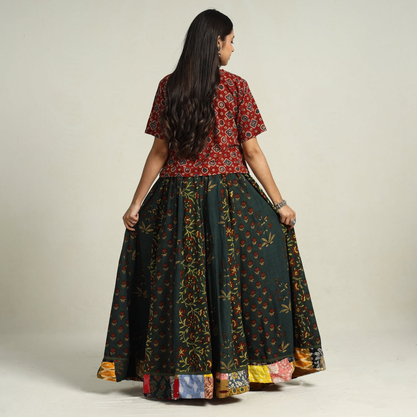 Green - printed 24 kali patchwork cotton long skirt 38