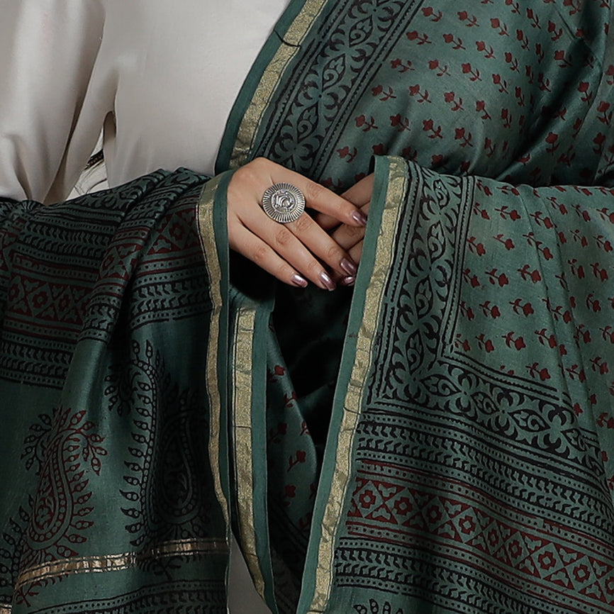  Block Printed Chanderi Silk Bagh Dupatta