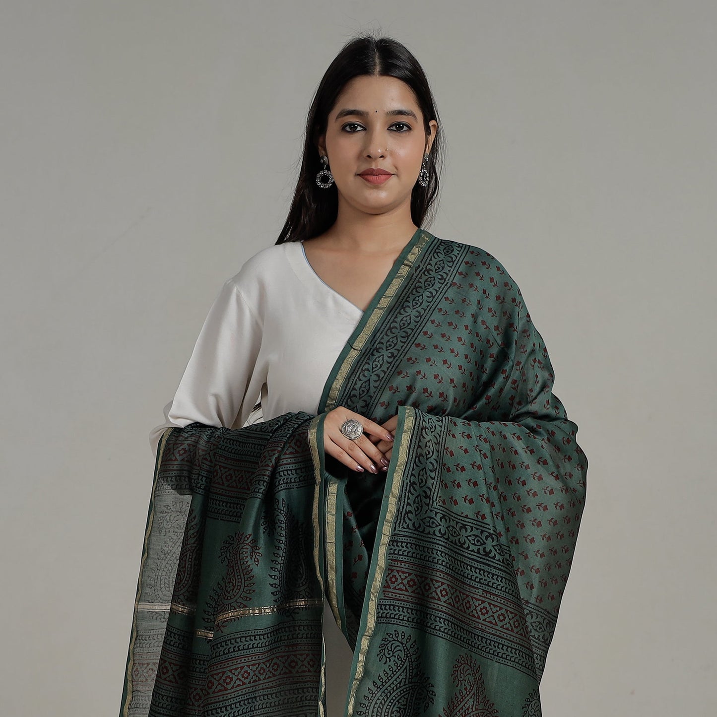  Block Printed Chanderi Silk Bagh Dupatta