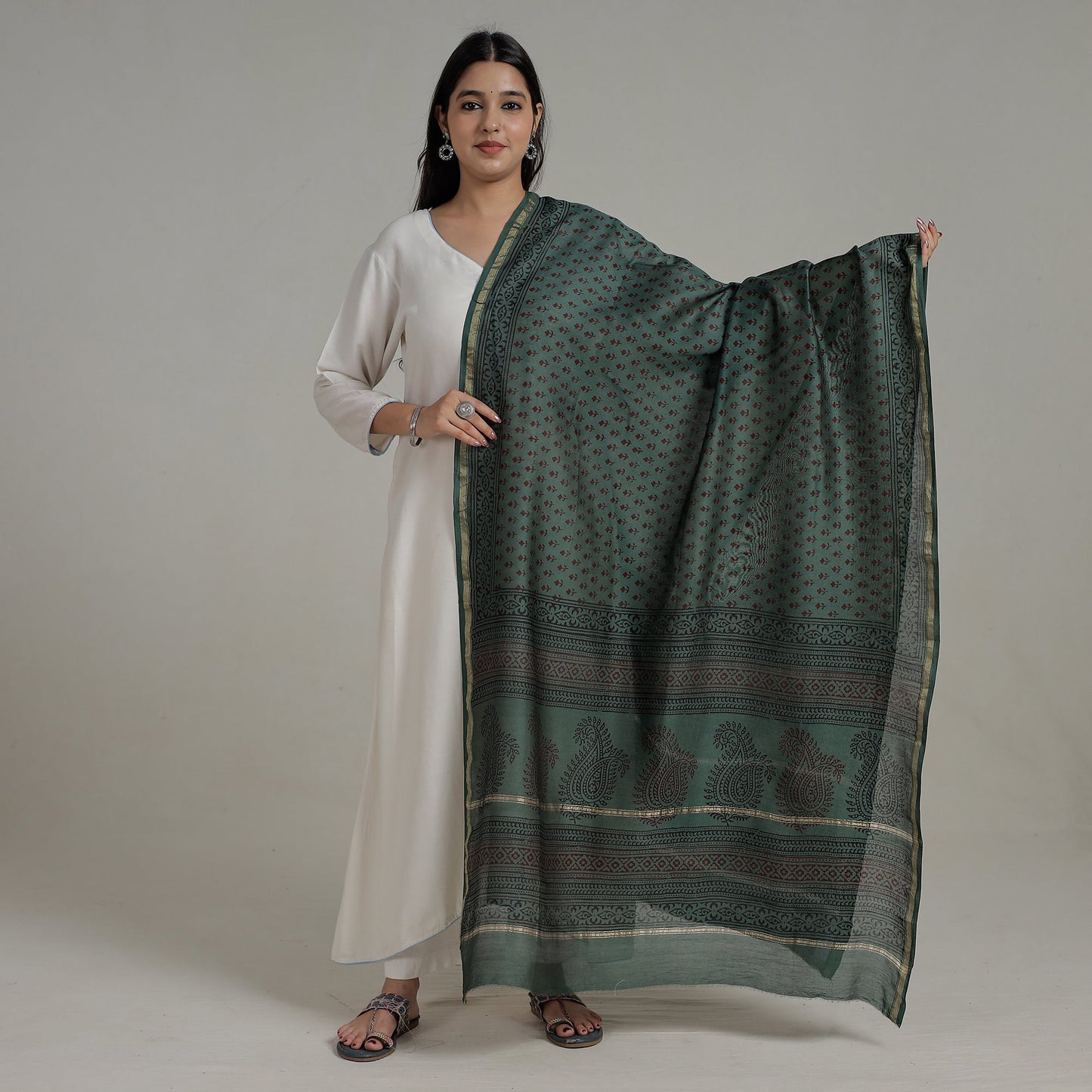  Block Printed Chanderi Silk Bagh Dupatta