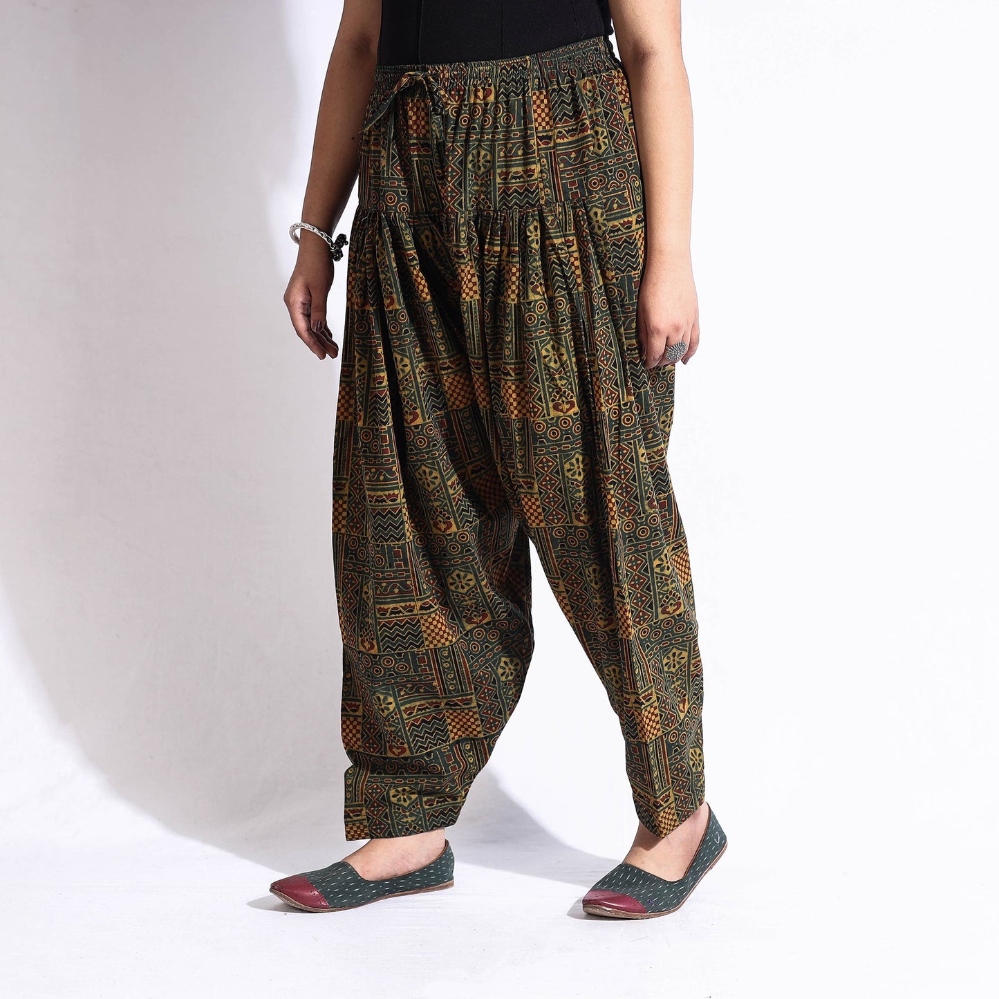 Green - printed cotton elasticated salwar - handcrafted