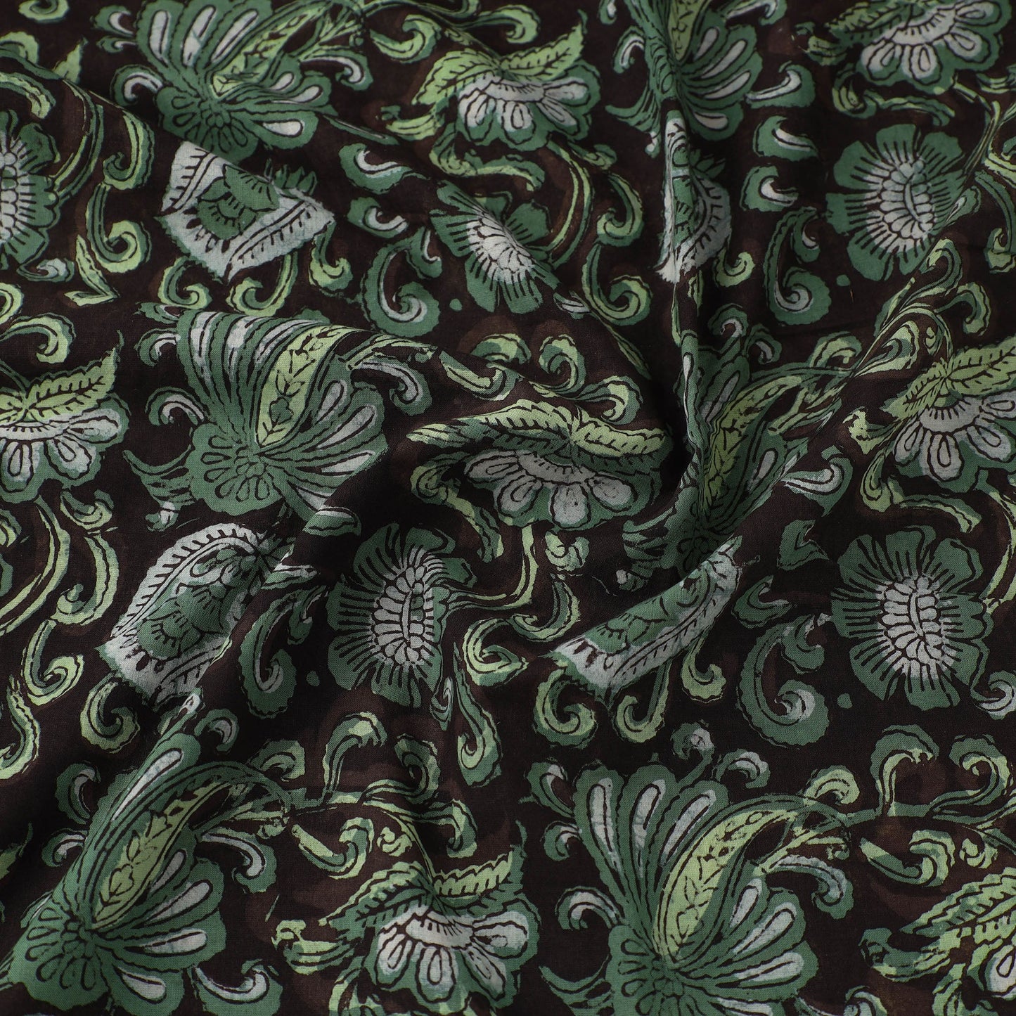 Green Block Printed Cotton Jahota Fabric