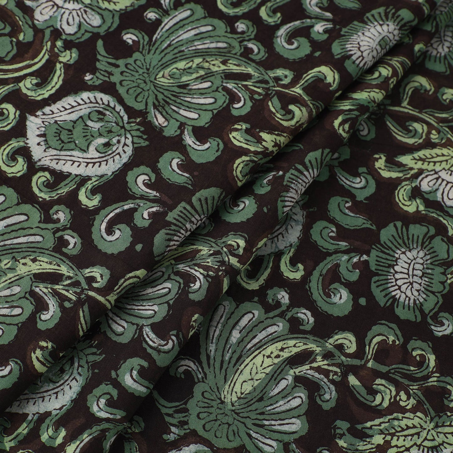 Green Block Printed Cotton Jahota Fabric