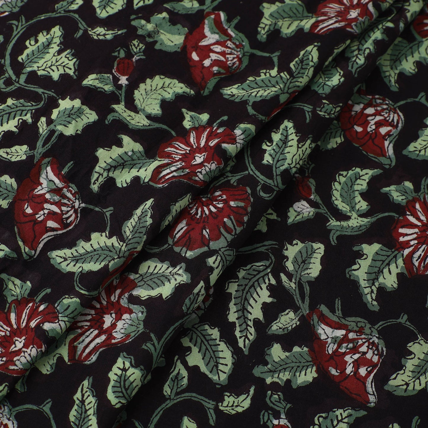 Green Block Printed Cotton Jahota Fabric