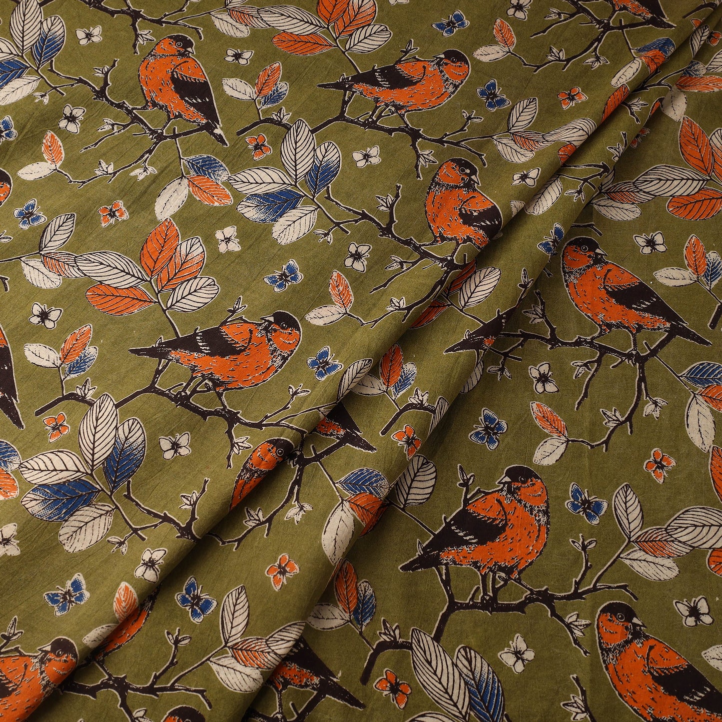 Green Printed Cotton Kalamkari Fabric