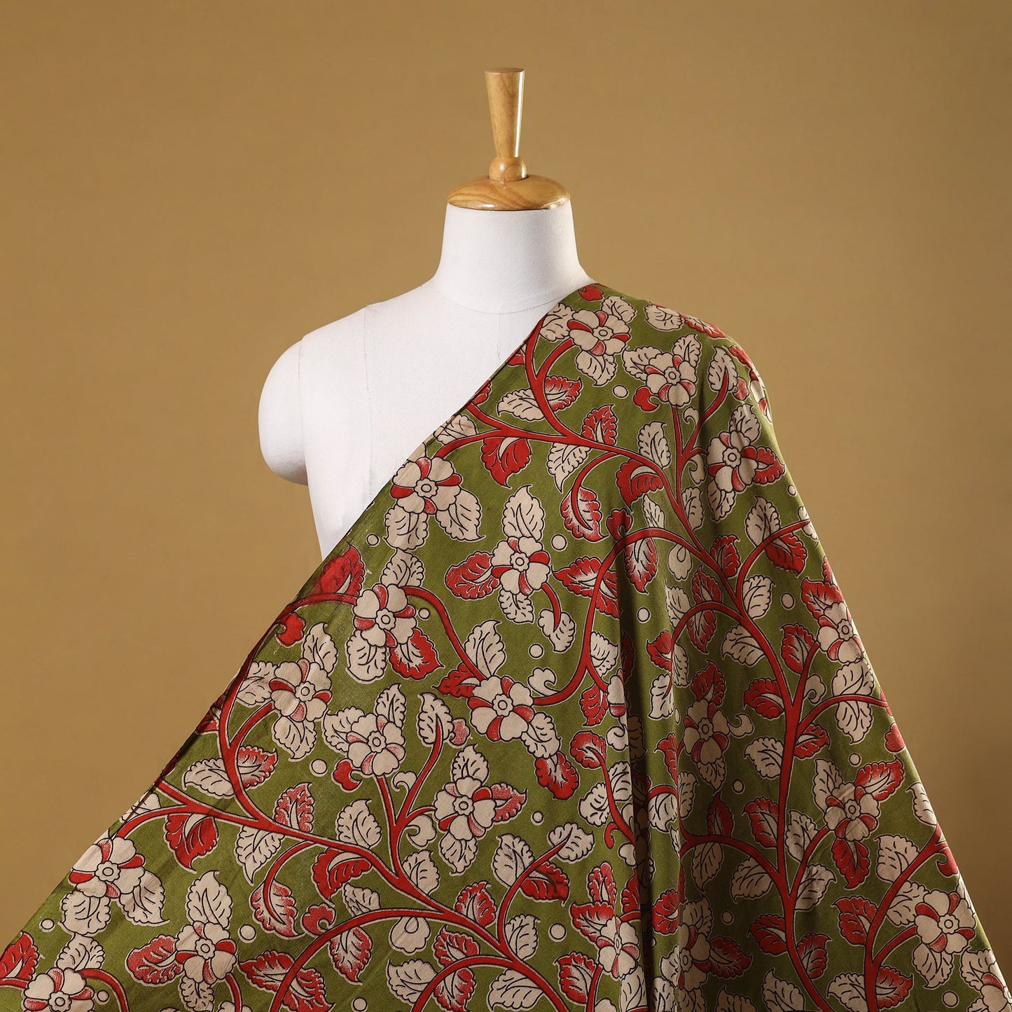Green Printed Cotton Kalamkari Fabric