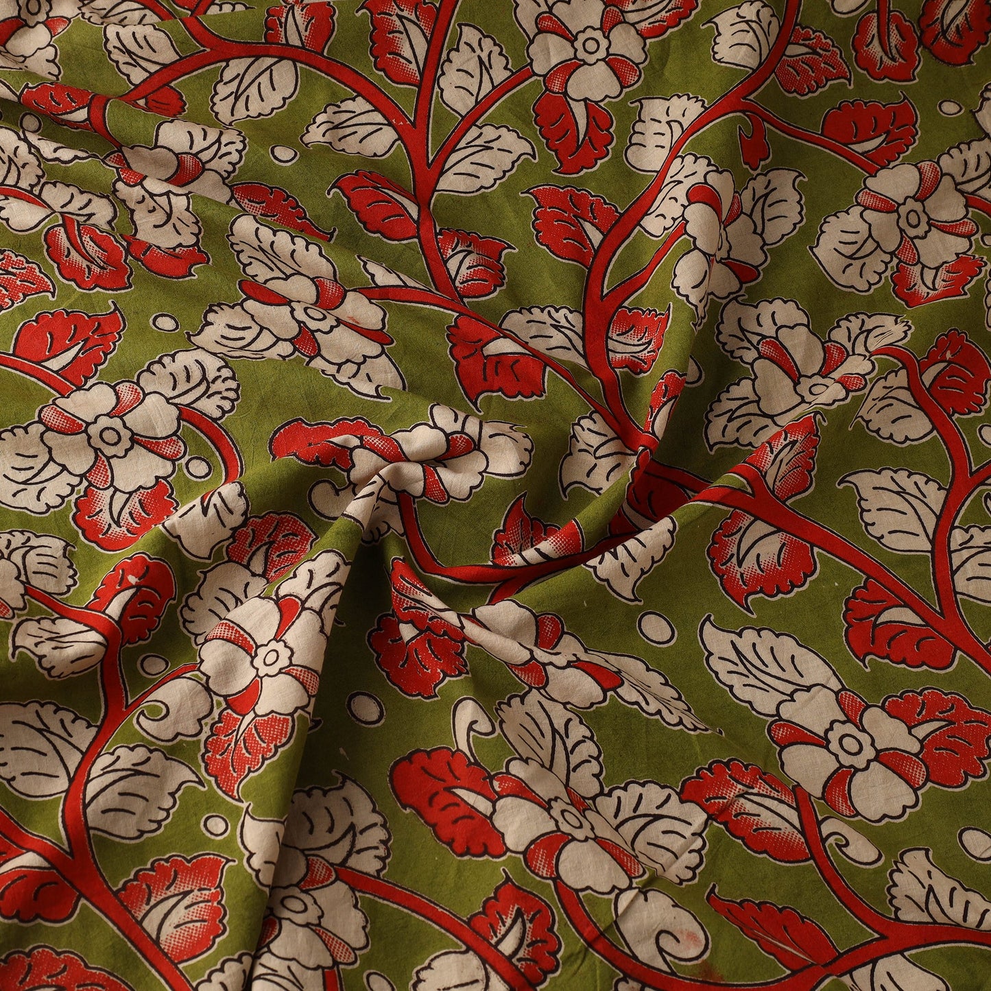 Green Printed Cotton Kalamkari Fabric